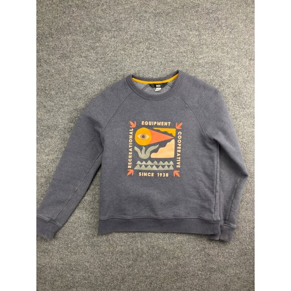 REI Pullover Sweatshirt Unisex S Gray Geometric Logo Graphic Print Raglan Sleeve - Picture 1 of 6